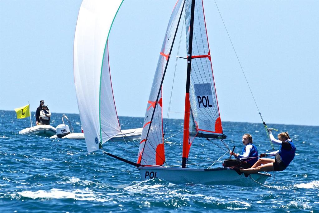 Melzacka and Micinska (POL) Silver medalists Girls 29er - cross the finish line- Aon Youth Worlds 2016, Torbay, Auckland, New Zealand, Day 5, December 19, 2016 © Richard Gladwell www.photosport.co.nz